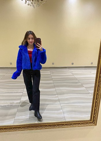 s Beden mavi Renk Kadın Mavi Kürk Detaylı Midi Boy Mont