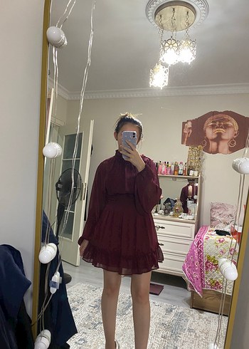 xs Beden Bordo Mini Elbise Yüksek Yakalı Fırfırlı