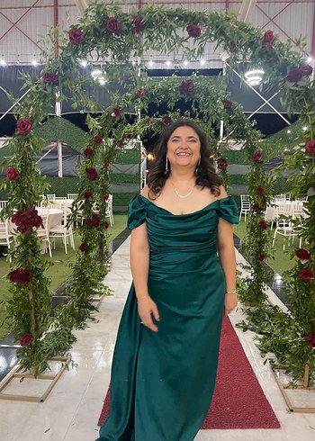 44 Beden Drapeli Yeşil Uzun Kadın Abiye Elbise