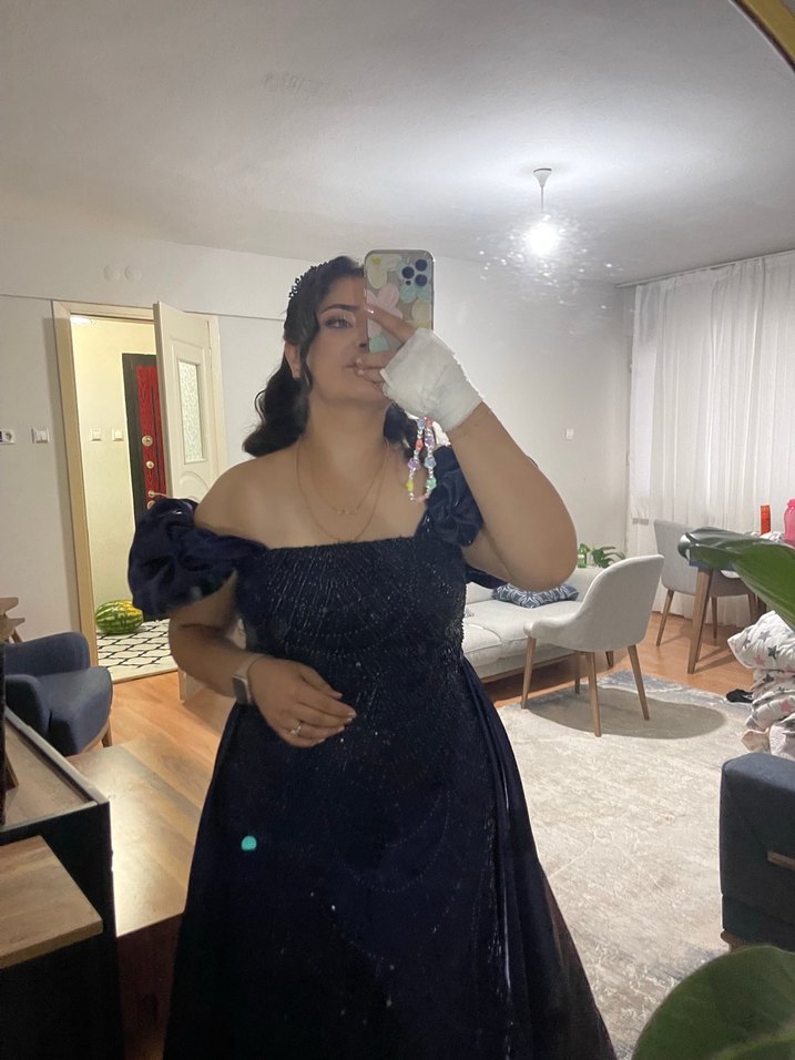 Straplez Drapeli Lacivert Uzun Abiye - Görsel 3