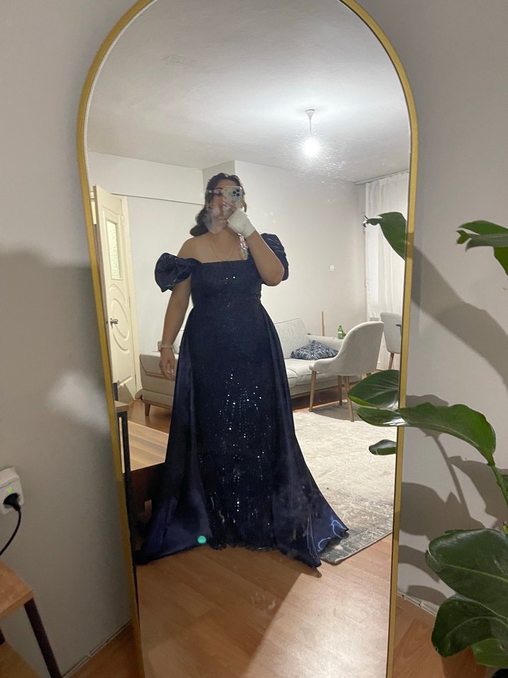 Straplez Drapeli Lacivert Uzun Abiye - Görsel 4