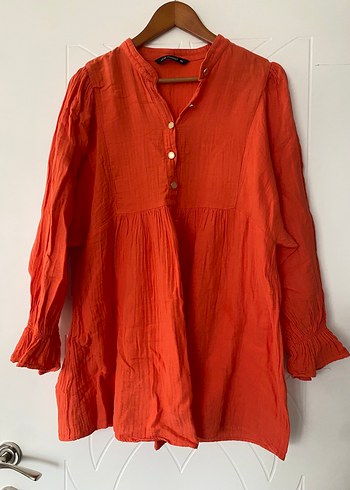 Düğmeli Kırmızı Keten Bohem Tunik - Görsel 2