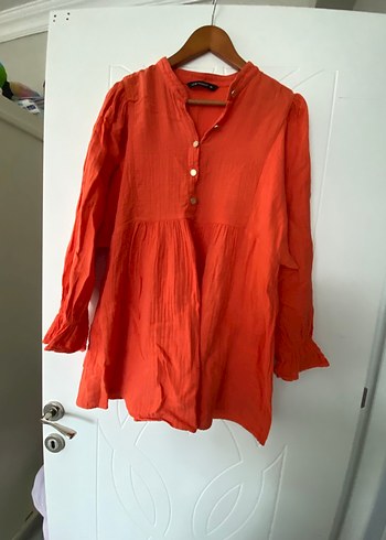 Düğmeli Kırmızı Keten Bohem Tunik - Görsel 4