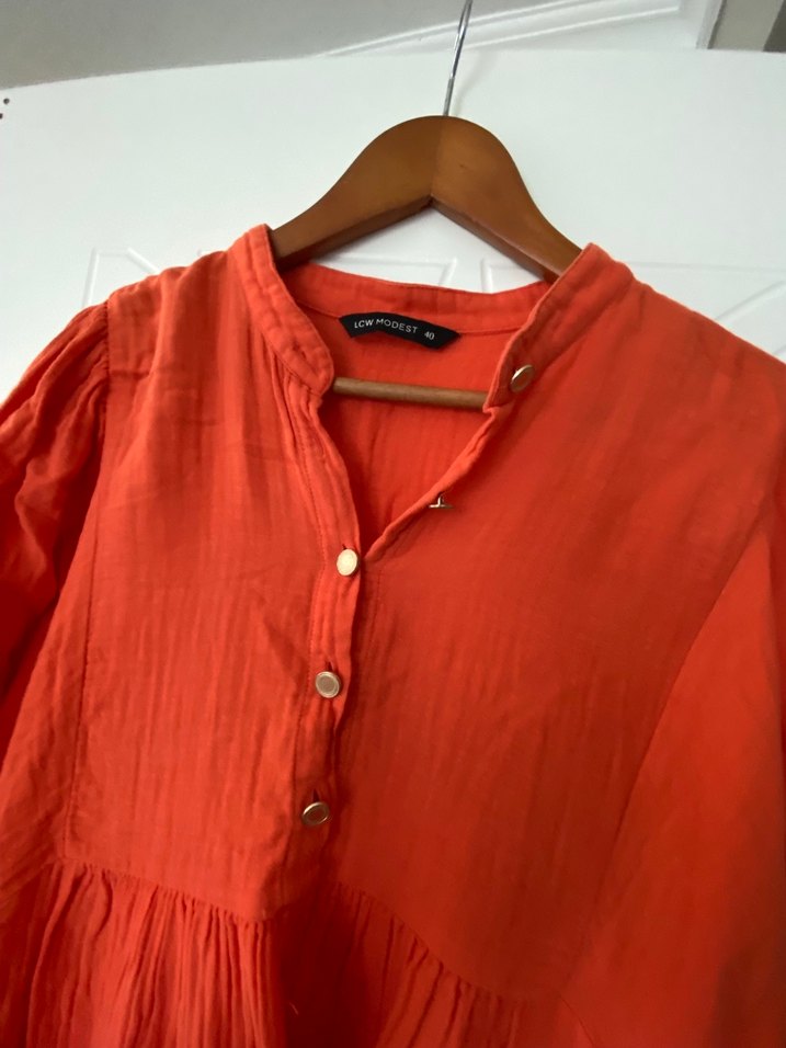 Düğmeli Kırmızı Keten Bohem Tunik - Görsel 3