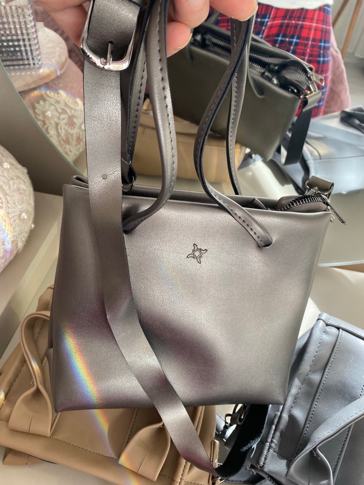 Gri Deri Kadın Çanta Tokalı - Görsel 3