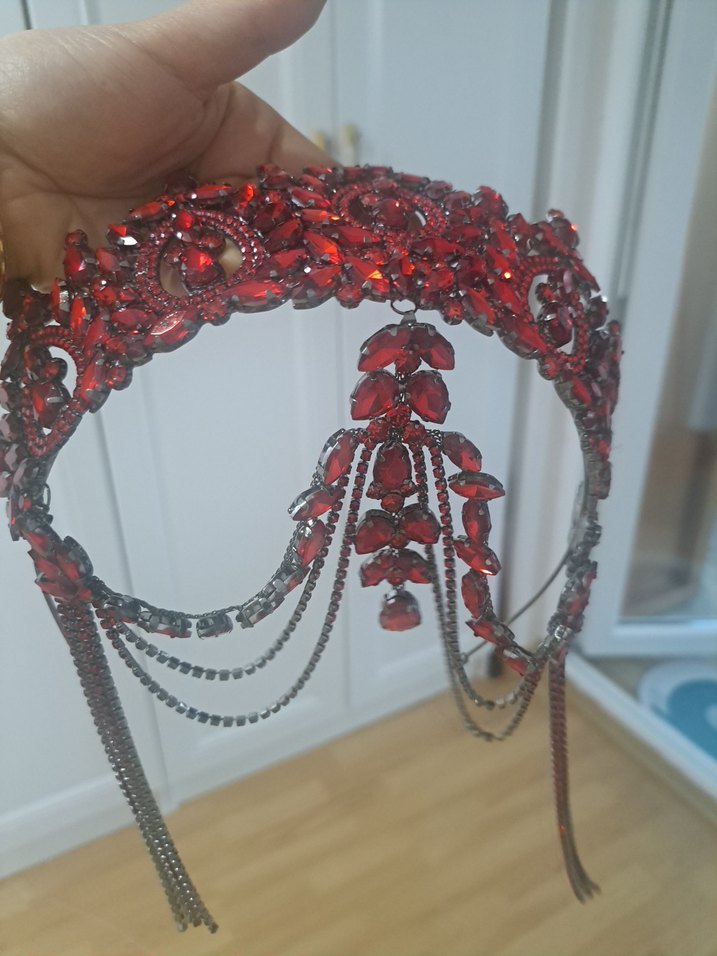 Koyu Kırmızı Parlak Taşlı Taç kına tacı - Görsel 2