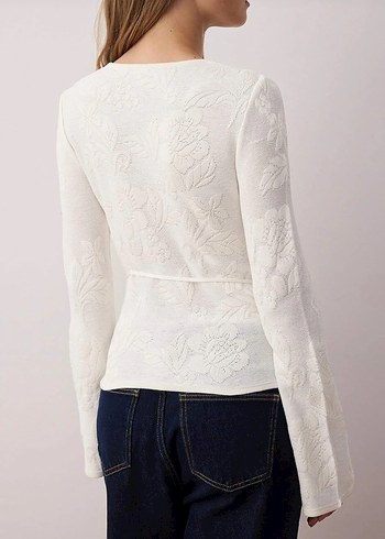 Beyaz Kadın Dantel Detaylı Nakışlı Triko Bluz - Görsel 2