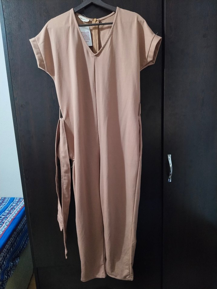 Bej Midi Kadın Tulum, V Yaka, Kısa Kollu - Görsel 2