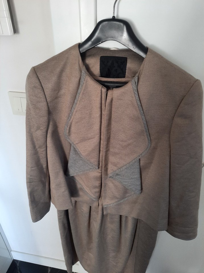 Kahverengi Uzun Kollu Kadın Ceket Elbise Takım - Görsel 2