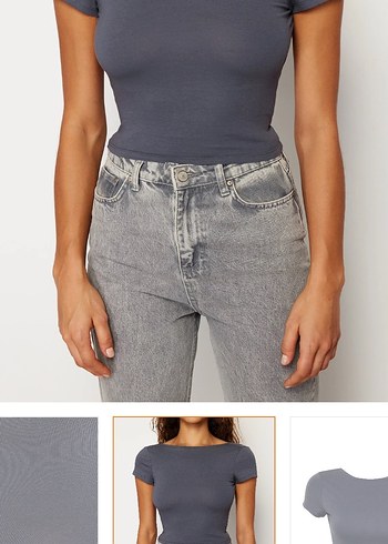 Gri V Yaka Kısa Kollu Denim Bluz - Görsel 6