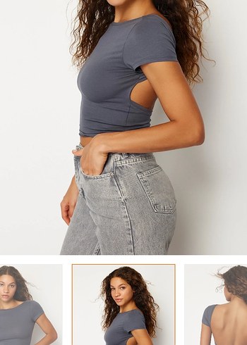 Gri V Yaka Kısa Kollu Denim Bluz - Görsel 3