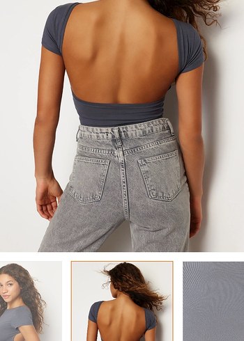 Gri V Yaka Kısa Kollu Denim Bluz - Görsel 4