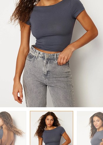 Gri V Yaka Kısa Kollu Denim Bluz - Görsel 2