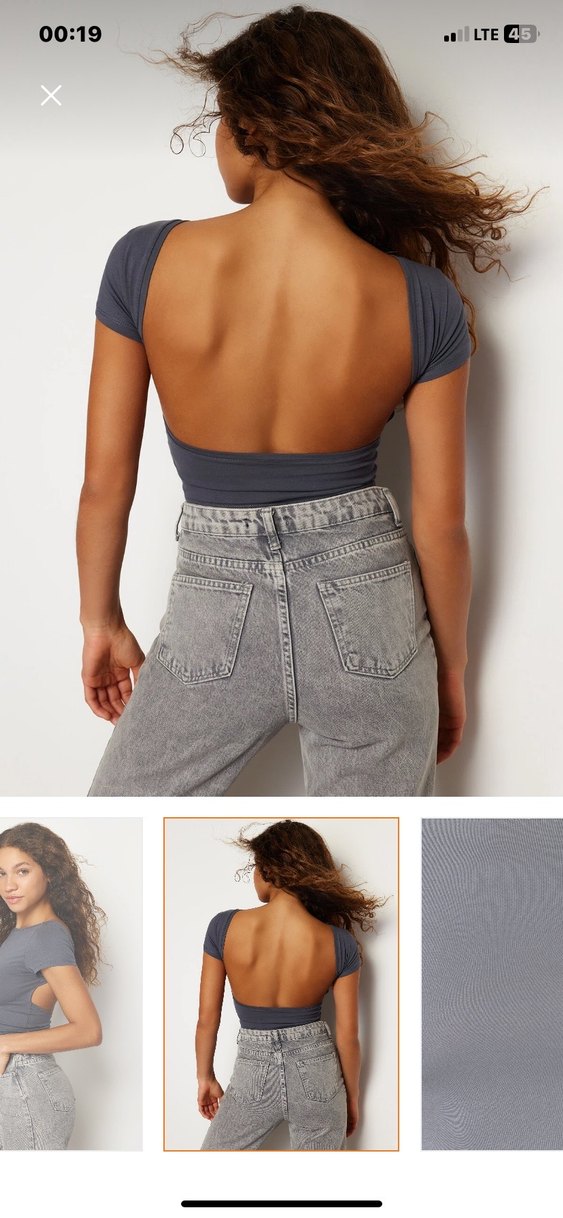 Gri V Yaka Kısa Kollu Denim Bluz - Görsel 4