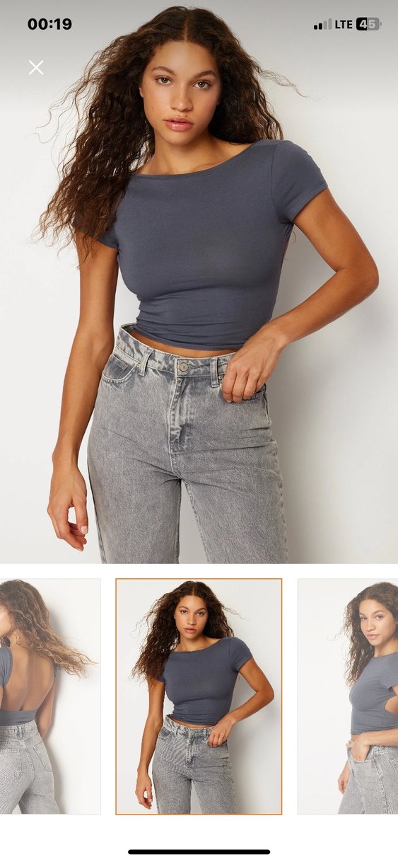 Gri V Yaka Kısa Kollu Denim Bluz - Görsel 2