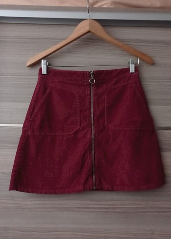 Bordo kadife Fermuarlı Mini Etek