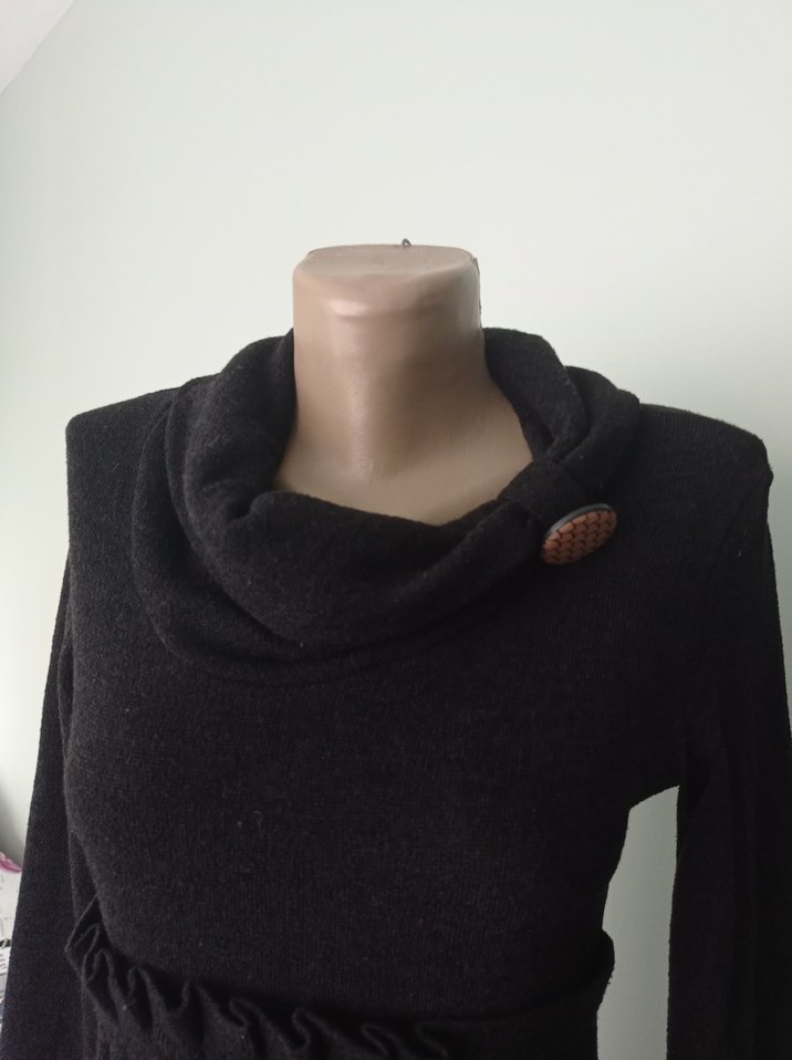 Drapeli Siyah Uzun Kollu Triko Elbise - Görsel 3