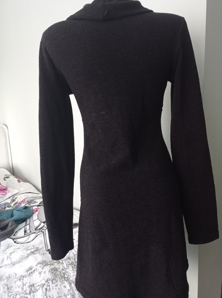 Drapeli Siyah Uzun Kollu Triko Elbise - Görsel 4