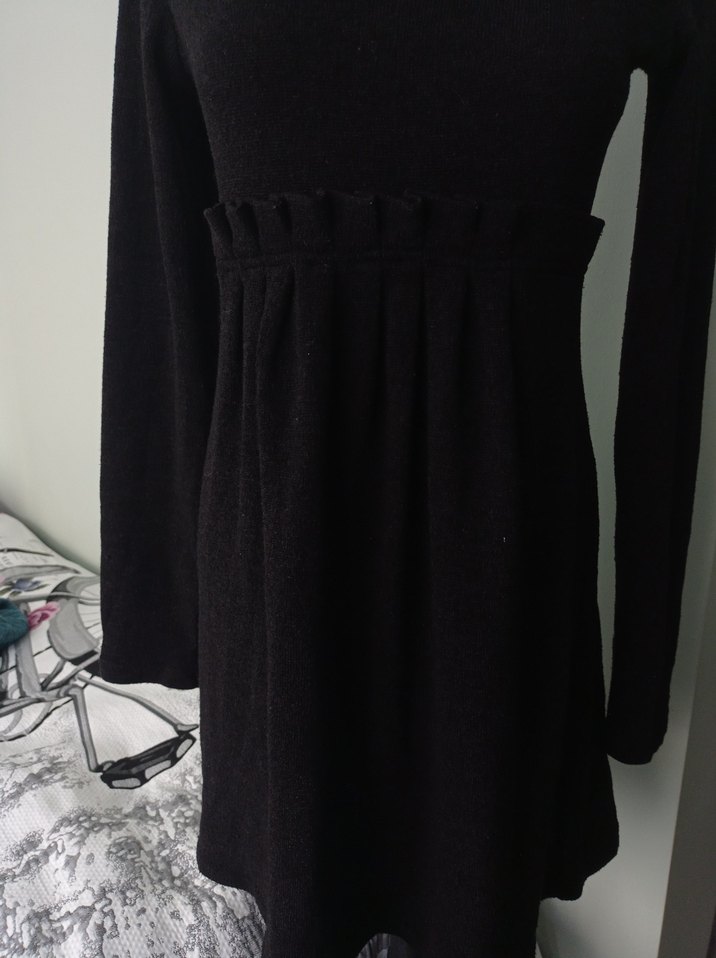 Drapeli Siyah Uzun Kollu Triko Elbise - Görsel 2