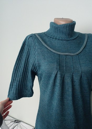 Bohem Tarzı Turkuaz Triko Midi Elbise - Görsel 2