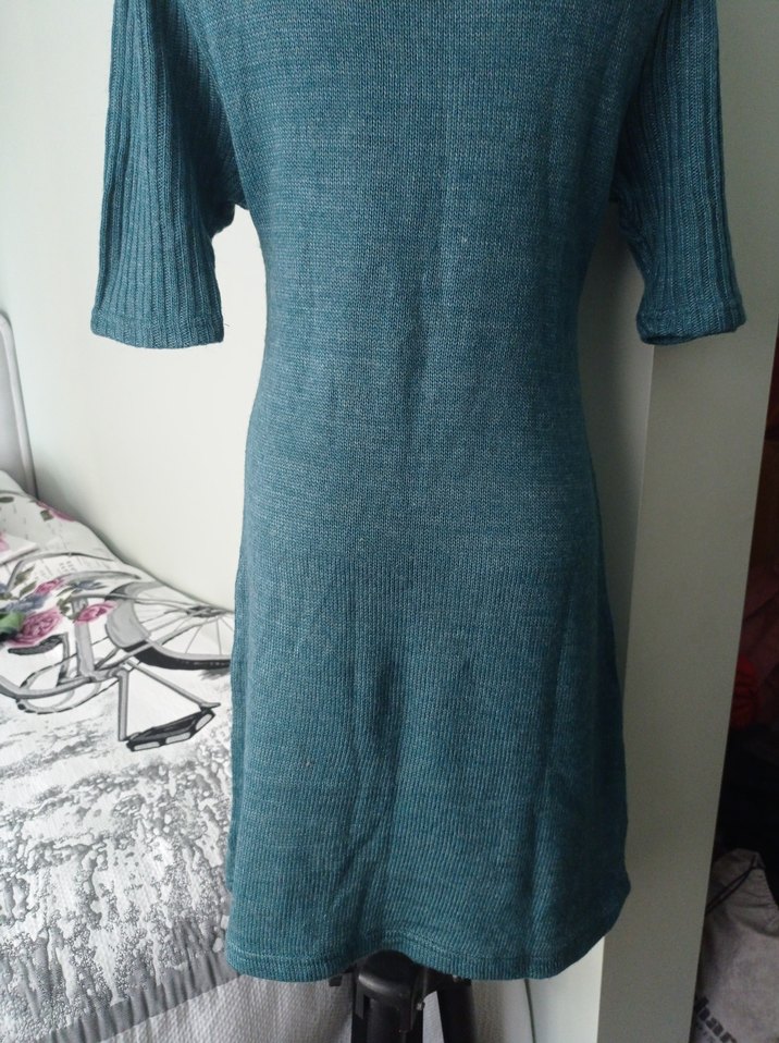 Bohem Tarzı Turkuaz Triko Midi Elbise - Görsel 3