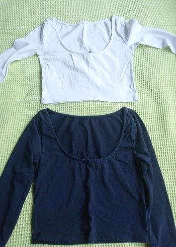 Kadın Uzun Kollu Crop Top - Beyaz & Lacivert - Görsel 4