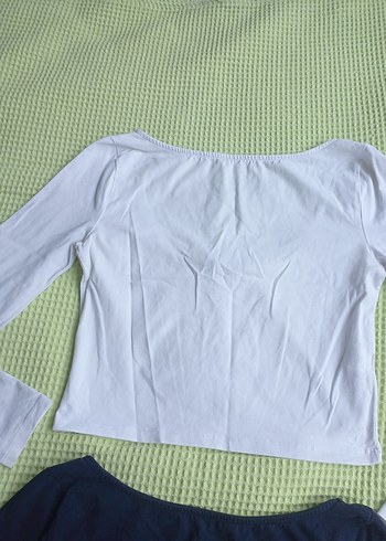 Kadın Uzun Kollu Crop Top - Beyaz & Lacivert - Görsel 3