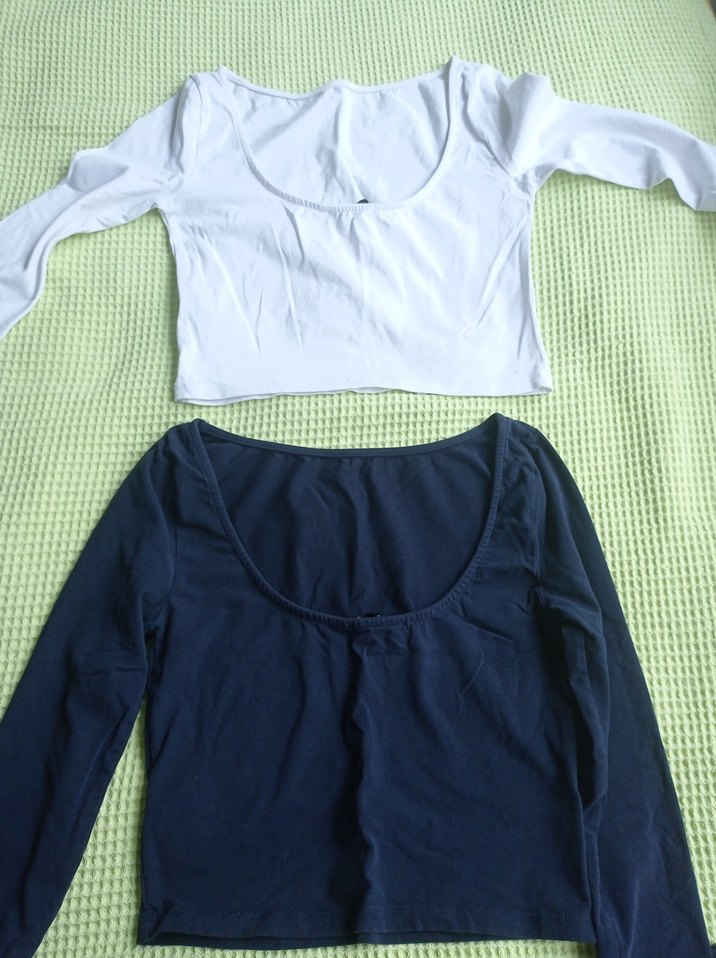 Kadın Uzun Kollu Crop Top - Beyaz & Lacivert - Görsel 4