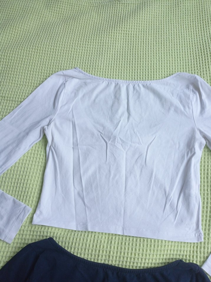 Kadın Uzun Kollu Crop Top - Beyaz & Lacivert - Görsel 3