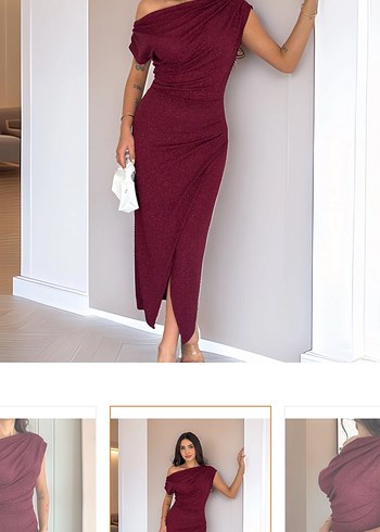 İ Bordo Tek Omuz Simli Uzun Elbise - Görsel 2