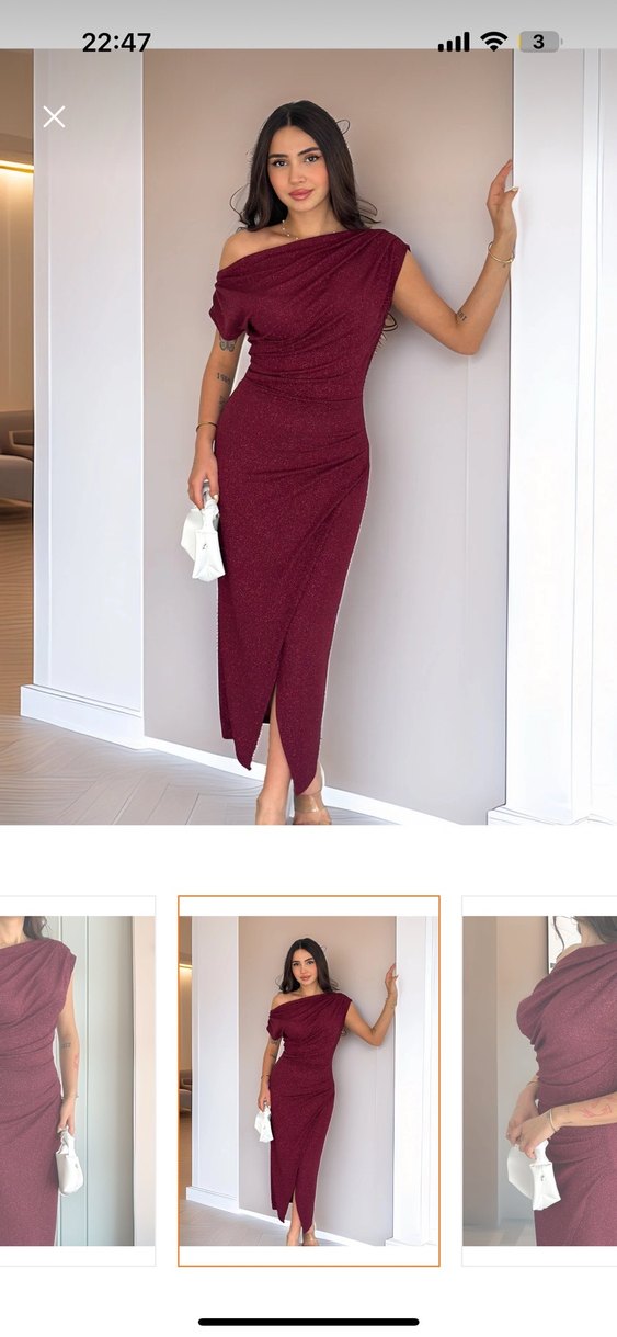 İ Bordo Tek Omuz Simli Uzun Elbise - Görsel 2