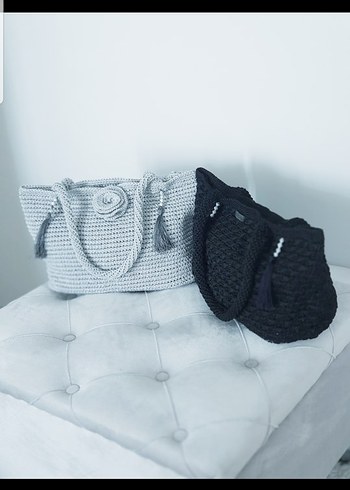 Gri ve siyah Örgü Kadın Çanta Püsküllü - Görsel 7