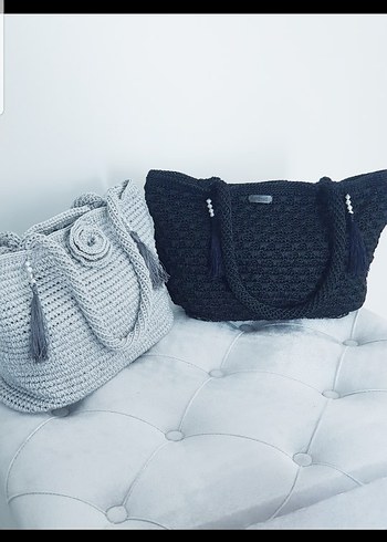 Gri ve siyah Örgü Kadın Çanta Püsküllü - Görsel 6