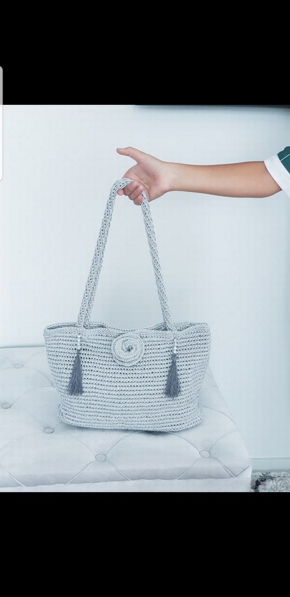 Gri ve siyah Örgü Kadın Çanta Püsküllü - Görsel 2