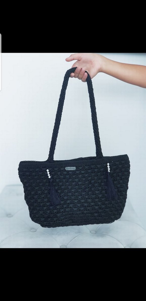 Gri ve siyah Örgü Kadın Çanta Püsküllü - Görsel 3