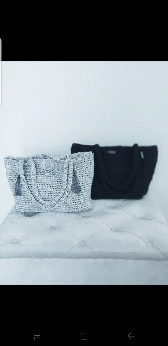 Gri ve siyah Örgü Kadın Çanta Püsküllü - Görsel 5