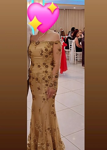 Boncuk İşlemeli Uzun gold Abiye Elbise - Görsel 8