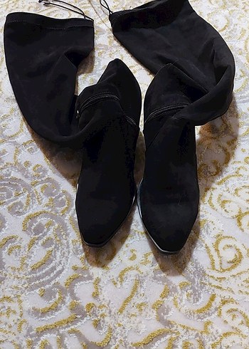 Siyah Süet Tokalı Dizüstü İnce Topuk Bot - Görsel 2