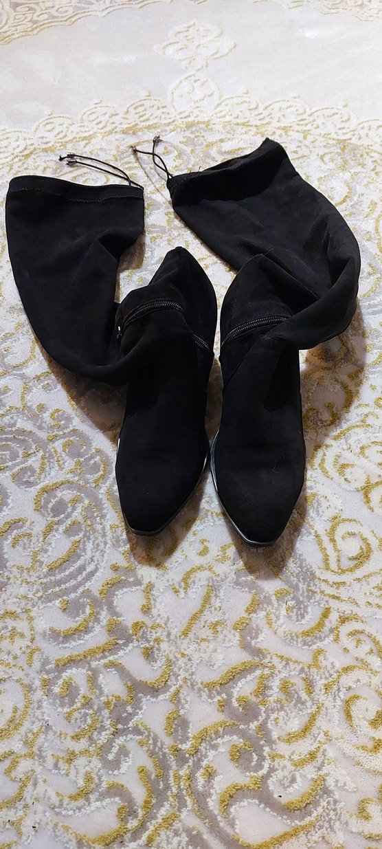 Siyah Süet Tokalı Dizüstü İnce Topuk Bot - Görsel 2