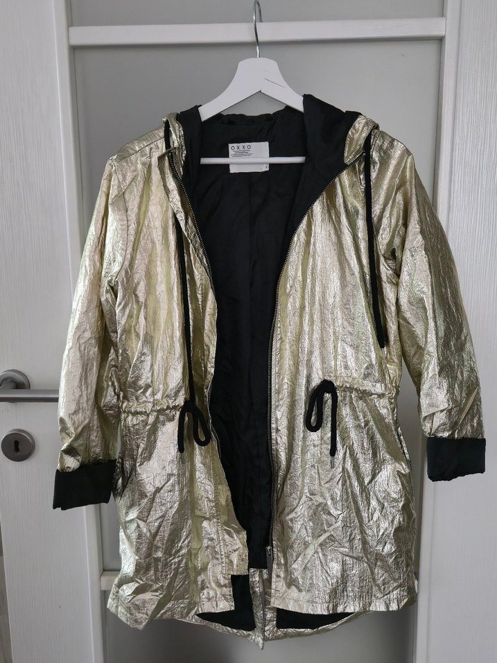 Sokak Stili Altın Renk Parlak Kemerli Yagmurluk Ceket - Görsel 2