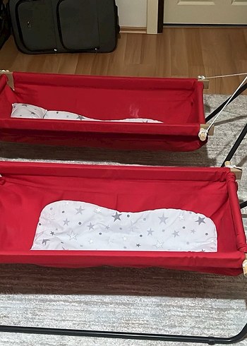 Kırmızı Bebek Beşik Hamağı Gri Yıldızlı Minderli