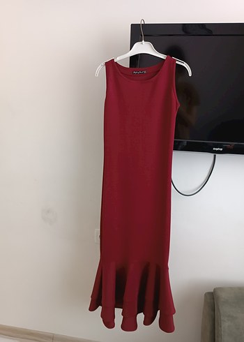 Diğer Bordo Kolsuz Uzun Elbise Volan Detaylı