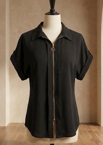 Fermuar detaylı pileli poplin gömlek - Görsel 2