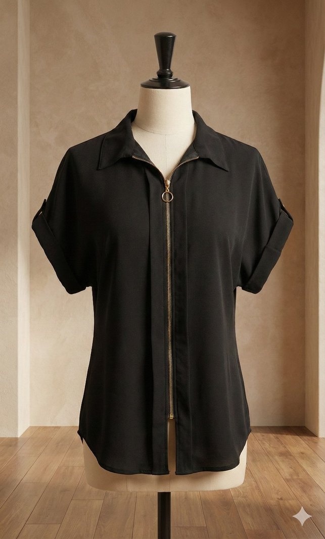 Fermuar detaylı pileli poplin gömlek - Görsel 2