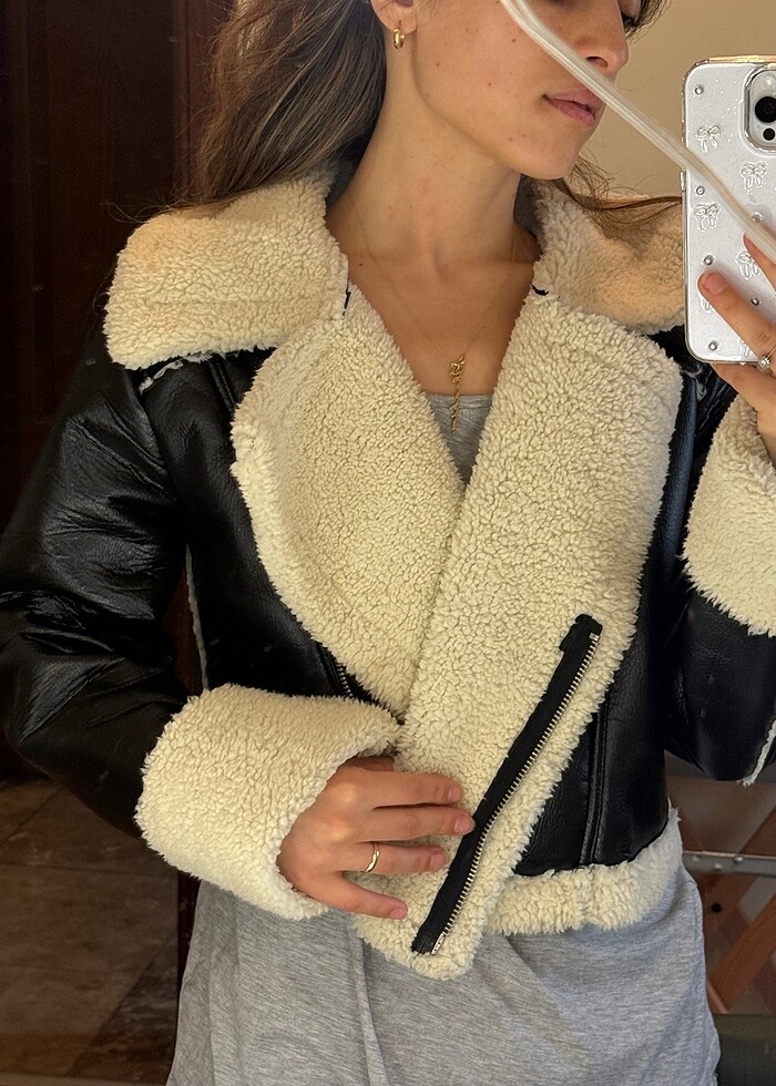 İçi Suni Kürk Biker Ceket - Görsel 5