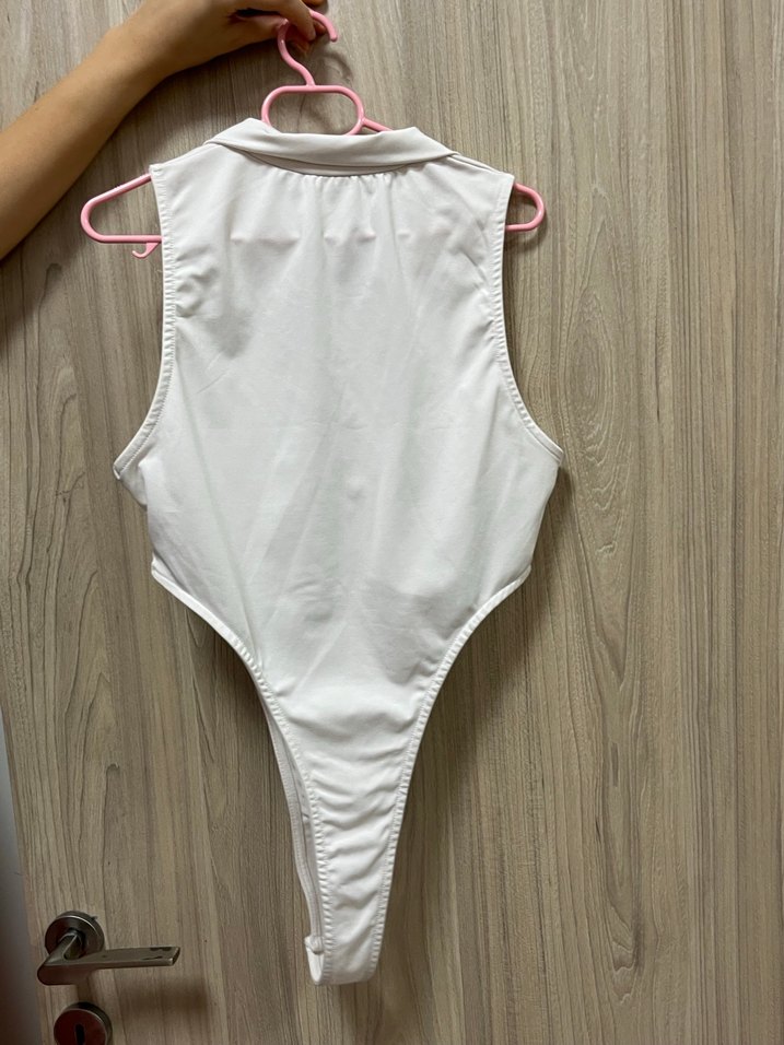 Fermuarlı Beyaz Yüksek Yakalı Atlet Bodysuit - Görsel 2