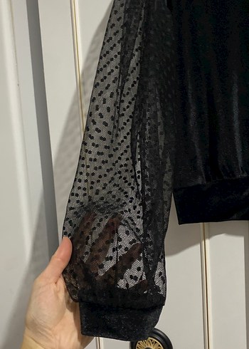 Siyah Dantel Kollu Uzun Kollu Kadın Bluz kadife - Görsel 2