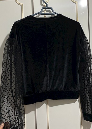 Siyah Dantel Kollu Uzun Kollu Kadın Bluz kadife - Görsel 6