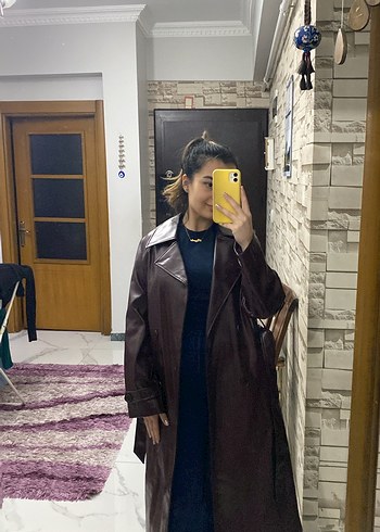 Bordo Deri stradivarıus Uzun Kadın Trençkot - Görsel 5