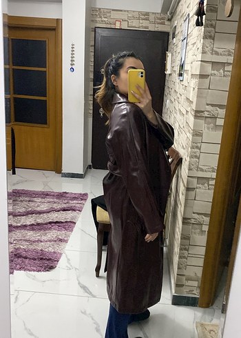 Bordo Deri stradivarıus Uzun Kadın Trençkot - Görsel 6